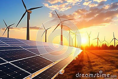 Solar panels and wind turbines at sunset. Alternative energy source. 3D rendering, Modern Wind turbines and solar panels sunset Stock Photo