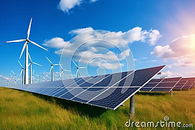 Solar photovoltaic climate renewable electricity sky green ecological panel alternative energy windmill power Stock Photo