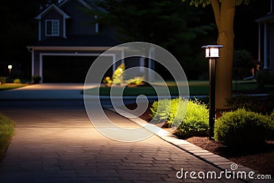 solar post light at the end of a driveway Stock Photo