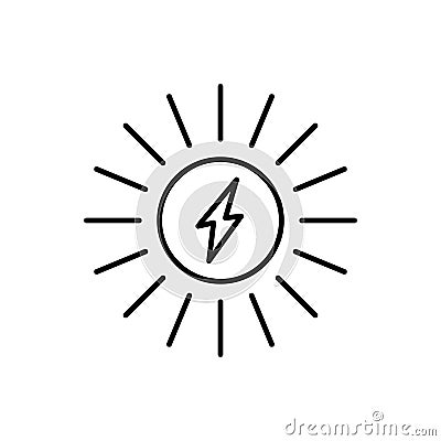 Solar power line icon. Lightning bolt inside sun with arrow. Renewable energy concept. Sustainable energy sources. Clean Vector Illustration