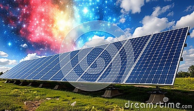 Solar power station with solar panels for producing electric power energy by green power. Technology and electrical Cartoon Illustration