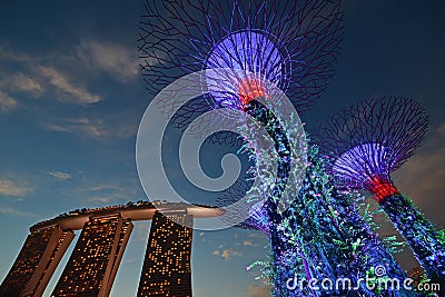 Solar powered (alternative energy sources) Supertree Tree Grove & Green features packed Marina Bay Sands Hotel during Stock Photo
