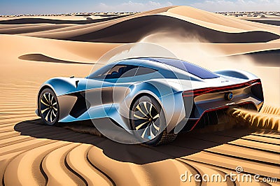 Solar-Powered Vehicle with Sleek Design Contours and Reflective Surfaces, Traversing Undulating Sand Stock Photo