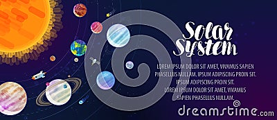 Solar system, banner. Space, sun, planets, comets, stars and constellations concept. Vector illustration Vector Illustration