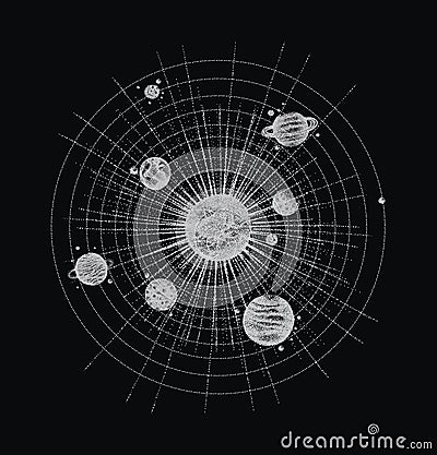 Solar system in dotwork style. planets in orbit. vintage hand drawn illustration. Vector Illustration