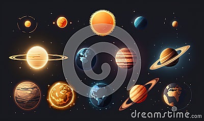 a solar system with eight planets and the sun in the background Stock Photo