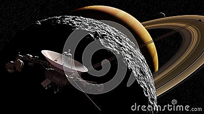 Saturn, Saturn moon and Voyager probe 3d illustration background, elements of this image are furnished by NASA Stock Photo