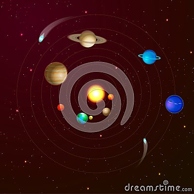 Solar system. Our galaxy. Eight planets, one star. Realistic. Vector Illustration