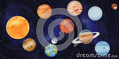 Solar system with planetary orbits: Mercury, Venus, Earth (satellite Moon), Mars, Jupiter, Saturn, Uranus Stock Photo