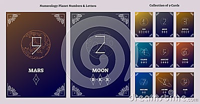 Solar system planets and astrological numbers with letters chart. Ancient, esoteric universe numeral science vector illustration. Vector Illustration