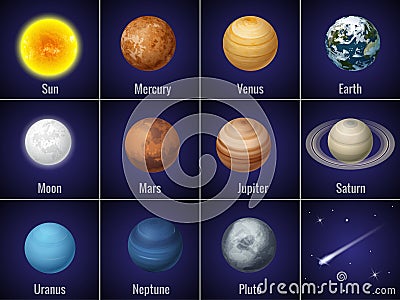 Solar system planets on black background, vector illustration. Vector Illustration