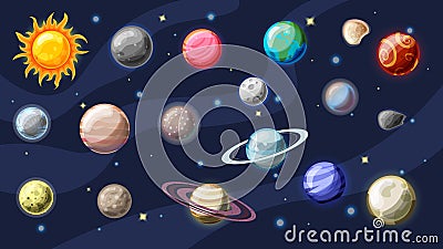 Solar system vector cartoon collection. Planets, moons of Earth, Jupiter and other planet of Solar system, with Vector Illustration