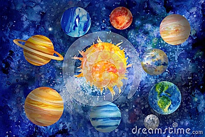 Solar system, watercolor planets, isolated white background, hand drawing space illustration Cartoon Illustration