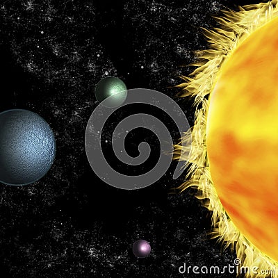 Solar systems: three planets around sun Stock Photo