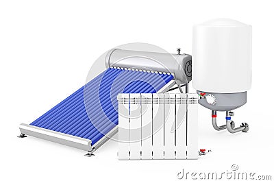 Solar Water Heater with Boiler and Radiator. 3d Rendering Stock Photo