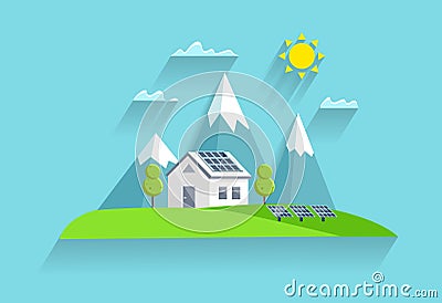 Solar, wind power. Green energy an eco friendly traditional and modern house Stock Photo