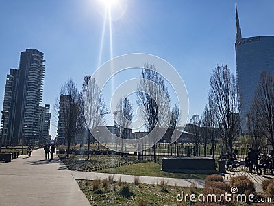 Solaria tower and Unicredit tower Milan, Porta Nuova skyscraper residences, seen from Parco degli Alberi. Italy Editorial Stock Photo