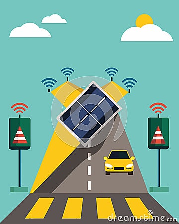 Solarpowered speed bumps equipped with sensors are used to collect data on vehicle speed and traffic volume helping with Vector Illustration