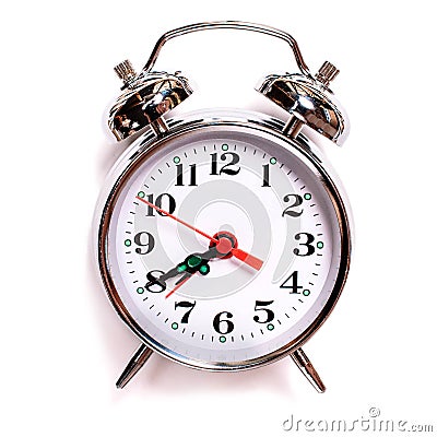 Solated vintage analog alarm clock on a white background. Seven forty am on alarm clock Stock Photo