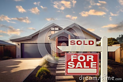 Sold Home For Sale Real Estate Sign in Front of House - Generative AI Stock Photo