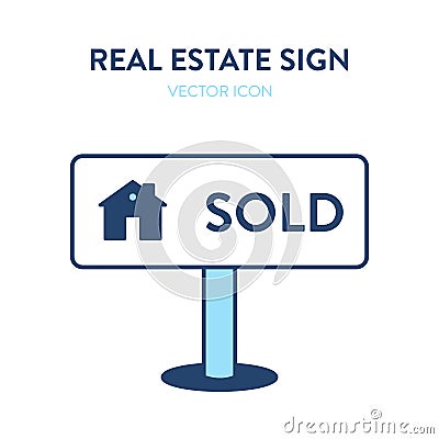 Sold house sign icon. Vector illustration of a house selling signage with a small home image and text SOLD. Real estate sale plate Vector Illustration