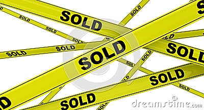 Sold. Labeled yellow warning tapes Stock Photo