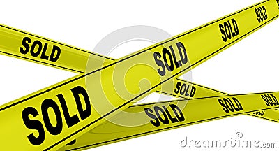 Sold. Labeled yellow warning tapes Stock Photo