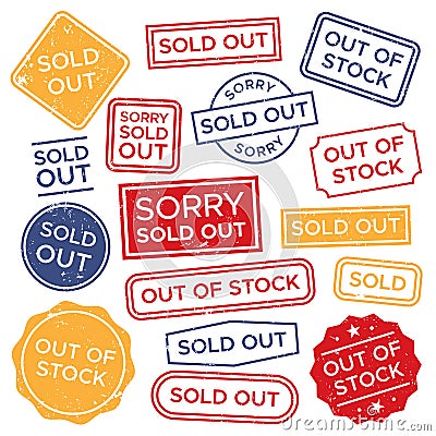 Sold out stamps. Out of stock rubber stamp, red rectangular shopping label and sales badge tag vector set Vector Illustration