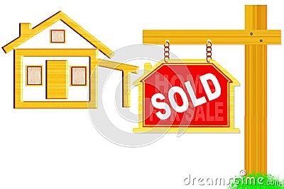 Sold sign board with post and home icon design Stock Photo