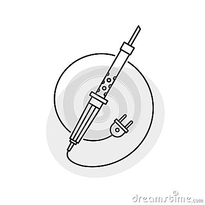 Soldering iron illustration. Thin line style iron with wire around and plug. Vector Illustration