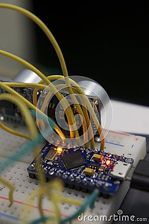 Solderless electronic project. Stem and robotics learning process. Stock Photo