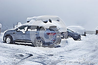 SOLDEU, ANDORRA - FEBRUARY 12, 2017: Cars on the parking in snow Editorial Stock Photo