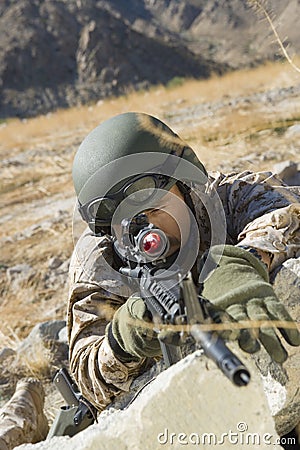 Soldier Aiming With Sniper Rifle Stock Photo