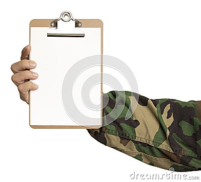 Soldier arm holding a white file of paper with space to text Stock Photo
