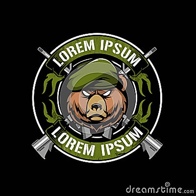 Soldier bear head with cross rifle animal cartoon character vector logo template Vector Illustration