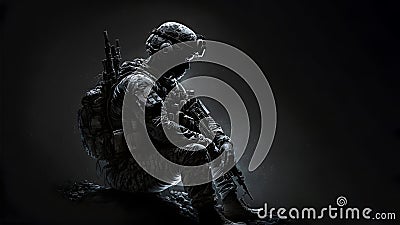 soldier in camouflaged uniform, sitting with vertical dramatic light., neural network generated art Stock Photo