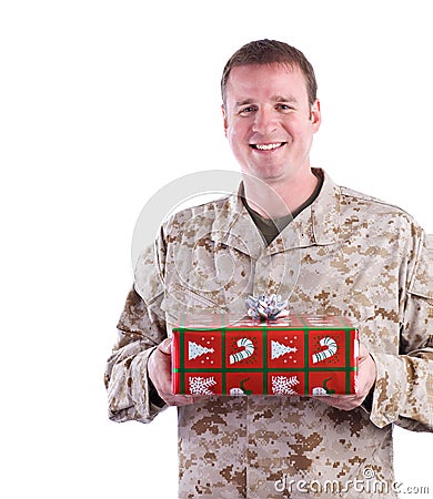 Soldier with Christmas Present Stock Photo