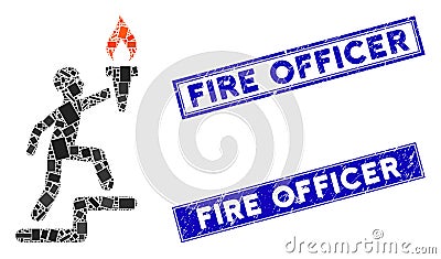 Soldier Climbing with Torch Mosaic and Distress Rectangle Fire Officer Seals Stock Photo