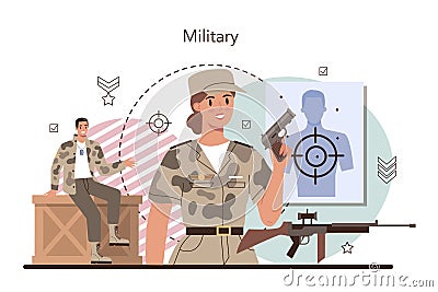 Soldier concept. Millitary force employee in camouflage with a weapon. Vector Illustration