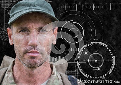 Soldier face against black background with interface and grunge overlay Stock Photo