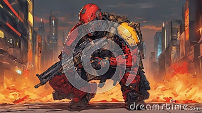 soldier with fire A futuristic soldier who has betrayed his comrades and joined a terrorist organization Stock Photo