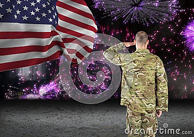 soldier in front of fireworks with usa flag Stock Photo