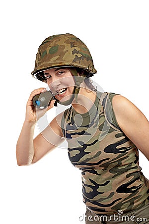 Soldier girl holding a hand grenade Stock Photo