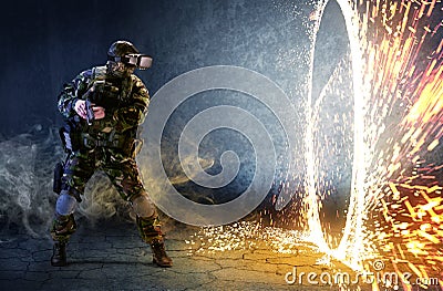 Soldier in glasses of virtual reality. The concept of virtual re Stock Photo