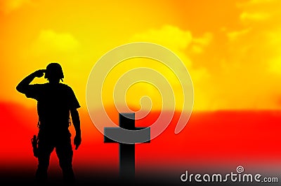 Soldier and grave cross silhouettes Stock Photo