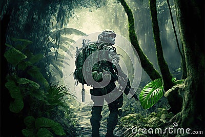 Soldier in green forest, army man with military equipment in jungle, generative AI Cartoon Illustration