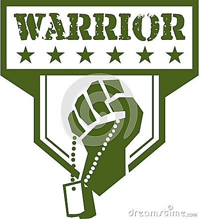 Soldier Hand Clutching Dogtag Warrior Crest Retro Vector Illustration