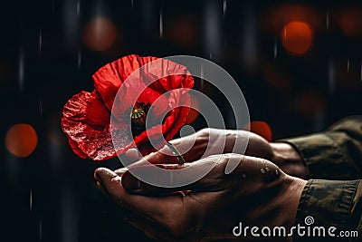 Soldier hands holding one wild red poppy flower. Remembrance Day, Armistice Day, Anzac day symbol Stock Photo