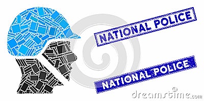 Soldier Helmet Mosaic and Distress Rectangle National Police Stamp Seals Vector Illustration