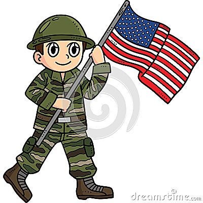 Soldier Holding Flag Cartoon Colored Clipart Vector Illustration